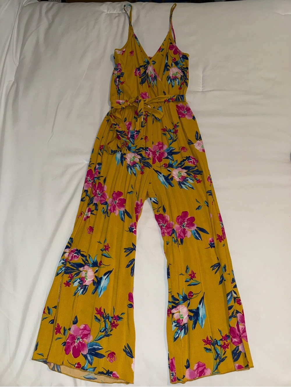 See You Monday Mustard Floral Spaghetti-Strap Jumpsuit